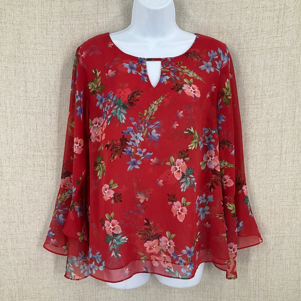 Cabi Floral Blouse Women Small Red Tiered Bell Sleeve Keyhole Boho Airy Flowy